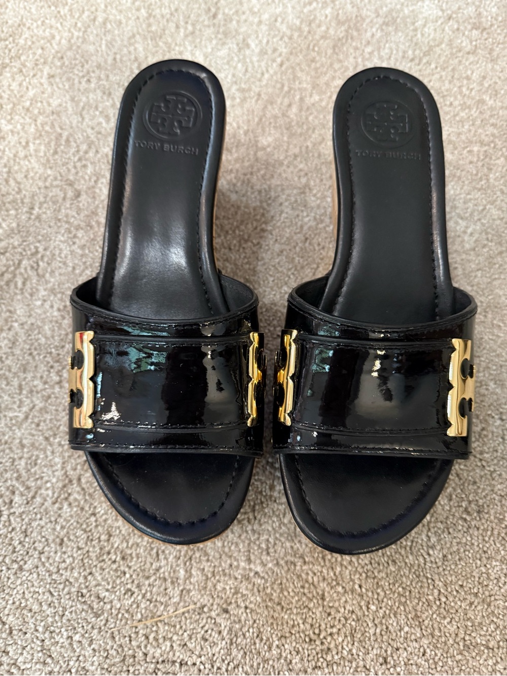 Tory Burch Black Patent Slide Mules with Gold Logo Accents